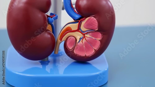 Detailed Anatomical Model of Human Kidneys Displayed on a Blue Surface.