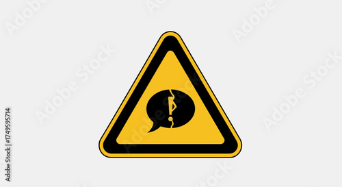 Warning sign with broken conversation bubble inside yellow triangle, depicting communication failure. Warning sign alerts to potential problem: miscommunication, disconnect, or message breakdown.