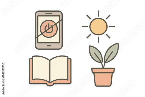 Icons for digital detox and healthy living with sun and book symbols