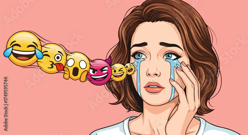 Sad woman expressing tears and emotion with emojis. Sad woman showing sadness and sorrow with crying facial expression and emoji icons, cartoon style.