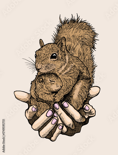 Vector image of a squirrel and her baby, both in the lap of a human hand.