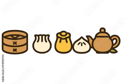 Various Chinese dumplings and traditional tea set icons collection