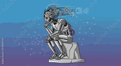 Thought process with robot thinking, gears, and complex systems interacting in mind. Robot thinking is the future, with artificial intelligence and machine learning. Explore robot thinking for future,