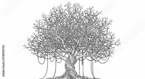 Intricate tree illustration displays swirling branches with dangling roots against pure white backdrop. Tree illustration is highly detailed, showcasing swirling limbs, roots,