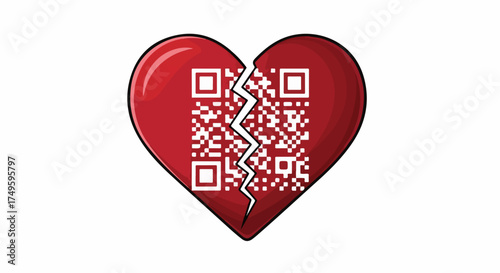 Broken heart QR code with split code element against white backdrop. Broken heart symbolizes heartbreak, tech divorce, or digital relationship breakup.