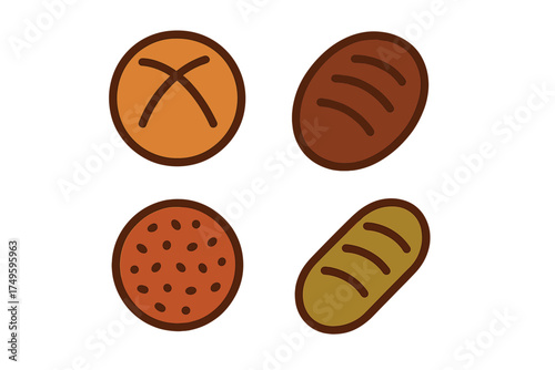 Set of various baked bread rolls and loaves icons