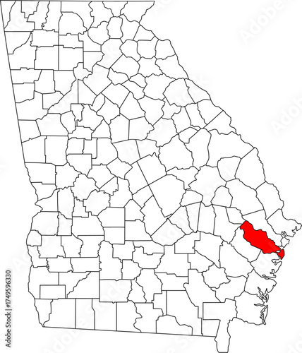 Detailed vector map of Georgia highlighting Liberty County, a southeastern coastal territory near Savannah, highly significant due to the location of Fort Stewart Army Base.

