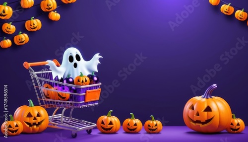 cute 3d ghost mascot riding in shopping cart full of jack-o-lantern pumpkins on purple background with copy space, concept of halloween shopping, retail sale, seasonal market