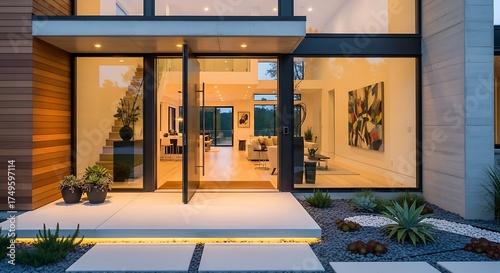 Modern Home Entrance with Pivot Door and Landscaping.