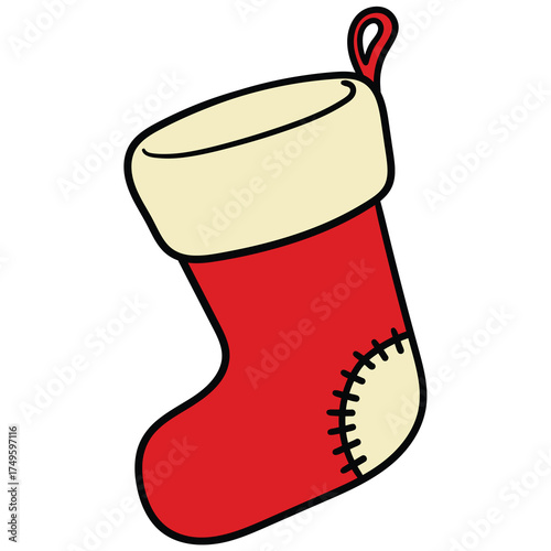Hand-drawn cartoon red Christmas sock on a white background.