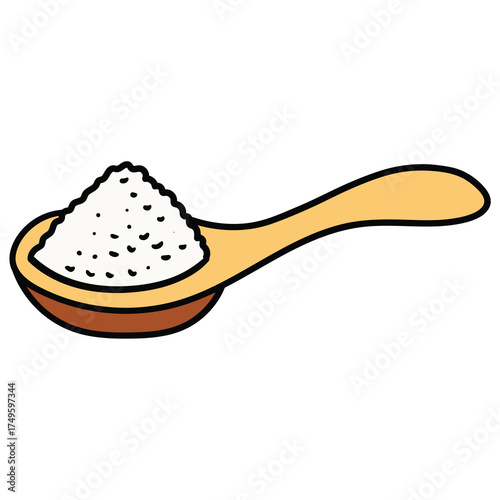 Hand-drawn cartoon wooden spoon with salt or sugar on a white background.