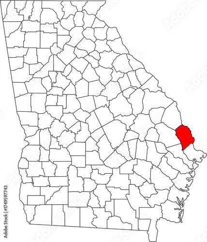 Detailed vector map of Georgia highlighting Effingham County, a southeastern suburban territory bordering the Savannah River and the Savannah metropolitan area, known for rapid residential 
