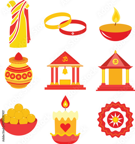 Hindu festival icons set.
