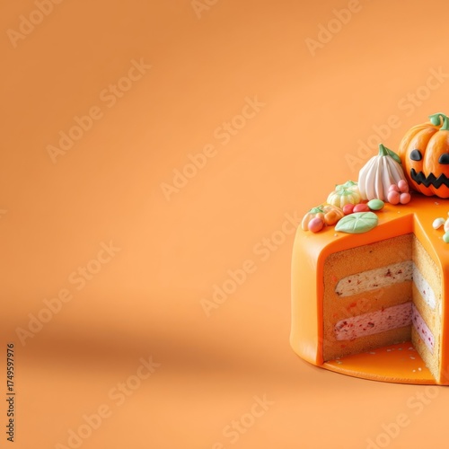 close up of sliced pumpkin shaped layer cake with meringue frosting and mini pumpkins on solid orange background with copy space, concept of bakery ad, autumn recipes, confectionery art
