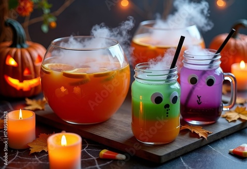 close up of halloween punch bowl and misting colorful cocktails in mason jars with candles and pumpkins, concept of holiday bar drinks, seasonal party promotion, spooky event catering
