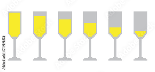 Set of pixelated champagne glasses. Vector illustration.