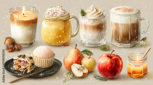 A collection of drinks and desserts, including a cup of coffee, a cupcake, and a pear