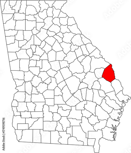Detailed vector map of Georgia highlighting Screven County, an eastern rural territory bordering South Carolina across the Savannah River, known for its agriculture and timber resources.

