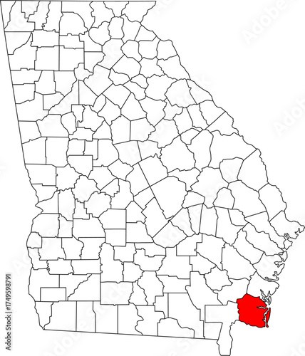 Detailed vector map of Georgia highlighting Camden County, the southeastern coastal territory bordering Florida and the Atlantic Ocean, home to Kings Bay Submarine Base and Cumberland Island.

