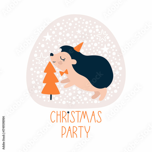 Christmas card with a hedgehog and a Christmas tree.