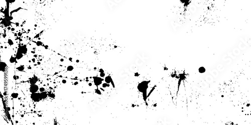 A bold black ink splat texture provides a grunge background design with a distinct splash and drip pattern