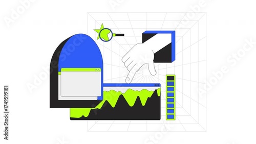 Data analytics 2D onboarding ui animation. Charts graphs. Hand interaction. Star rating. Intuitive dashboard. Digital workspace animated cartoon flat concept, app intro 4K video isolated on white