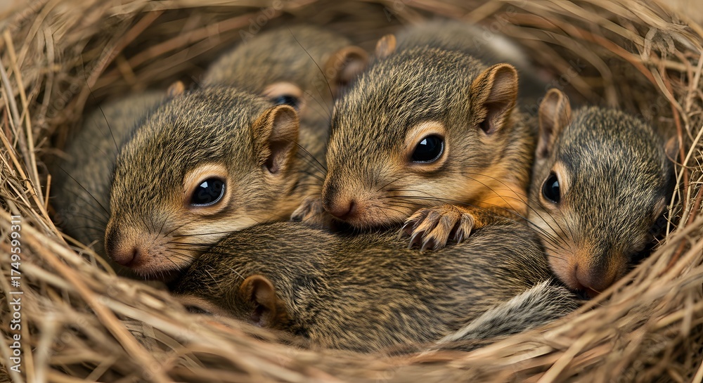 Fototapeta premium Baby squirrels in nest