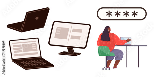 Woman interacts with laptop under password protection icon. Nearby elements include open laptops and monitors. Ideal for technology, security, authentication, privacy, digital workspace, online