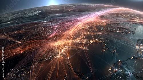 Vibrant Network Connections Over Globe Showcasing Dynamic Communication Paths