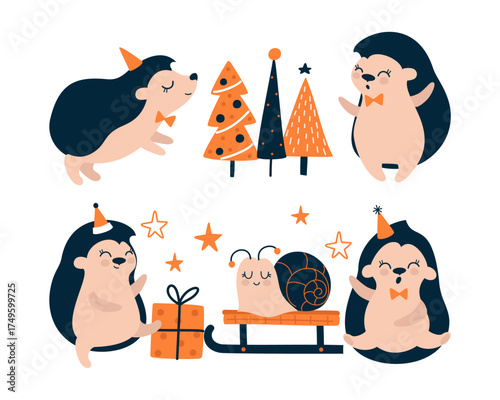 Festive set with funny hedgehogs and Christmas items.