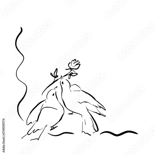 Romantic corner frame with two doves, rose, and swirling ribbons. Whimsical quickly sketched vector line art illustration. Perfect for wedding stationery, Valentine decor, and love-themed designs.