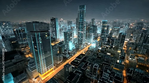 Futuristic City Skyline with Neon Lights and Urban Landscape at Night