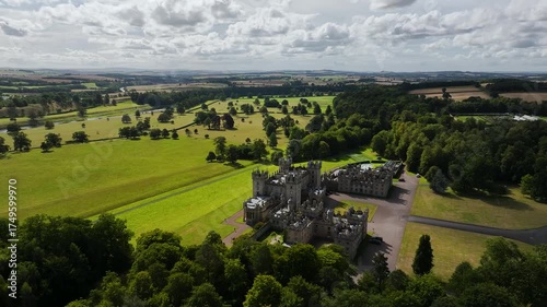 Floors Castle from a drone, Duke of Roxburghe, Roxburghshire, Scotland, UK