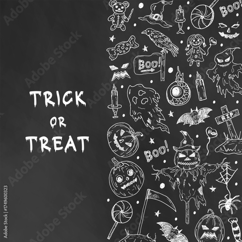 Black and white background for Halloween with images of pumpkins, ghosts, a scarecrow, birds, toys, and sweets. Hand-drawn outlines. Blank with space for text. Halloween template.