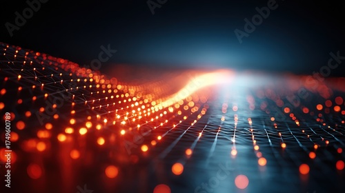 Futuristic digital landscape of glowing orange light particles forming a dynamic wave grid on a dark background symbolizing data flow and technology