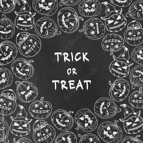 Halloween square pumpkin frame on black background doodle style. Round text place surrounded by scary smiling pumpkins. Halloween party background template, invitation, banner, website, product design