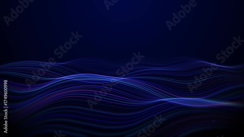 Multicolored lines form a wave-like space against a deep blue background. Neon glowing pink, blue, and purple data flow waves. Looping scientific background of particles and waves. Blue