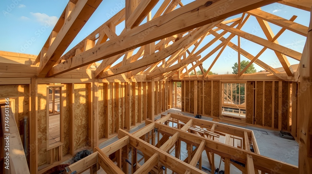 Fototapeta premium A detailed view of the exposed wooden framework of a building during construction. The intricate wooden structure is illuminated by natural light.