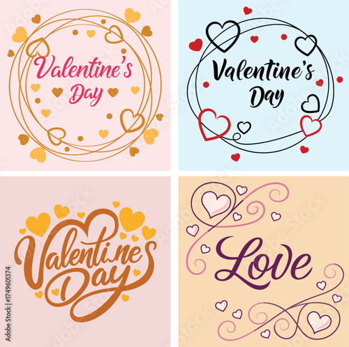 Four charming valentine s day themed illustrations featuring decorative hearts and elegant handwritten text celebrating love and romance on a soft pastel background