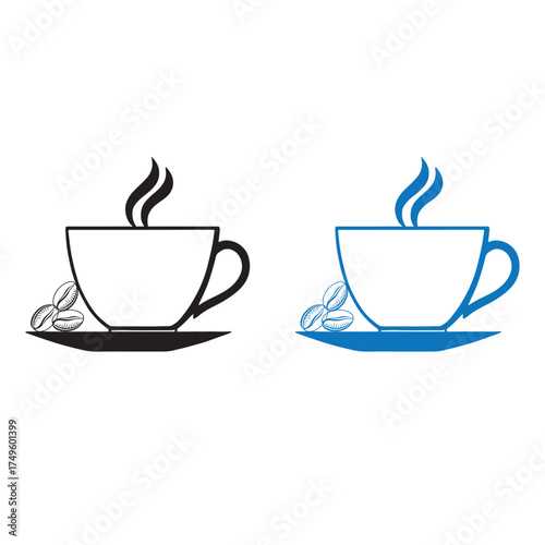 Coffee Bean cup  Vector art of two stylized cups of hot coffee with steam and coffee beans, one black and white, one blue and white