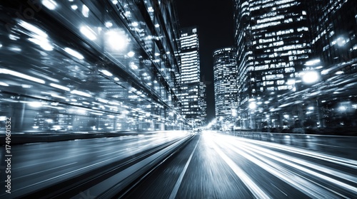 Dynamic night cityscape with motion blur light trails speeding through skyscrapers symbolizing urban energy, progress, and futuristic transportation