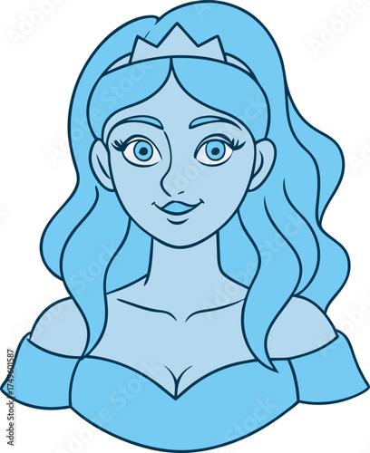 A stylized cartoon illustration of a beautiful young princess with long wavy blue hair wearing a tiara and an off the shoulder dress