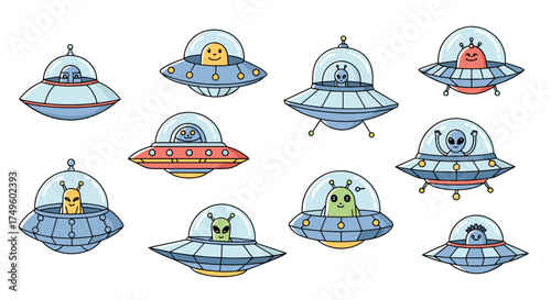 Collection of cute cartoon flying saucers with friendly aliens inside spaceships for science fiction illustrations.
