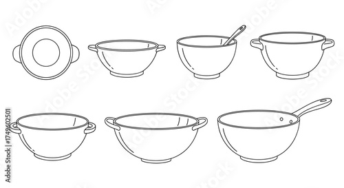 A collection of various kitchen bowls and cooking pots each featuring handles for easy gripping and serving.
