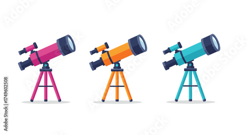 Three colorful telescopes on tripods for viewing the night sky and distant objects.