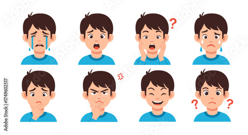 Collection of cartoon boy faces showing various emotions and expressions.
