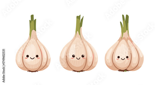 Adorable kawaii garlic bulbs with cute happy faces and green sprouts.