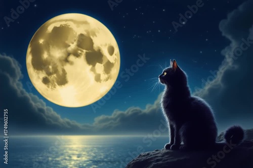 Mystical Cat Under Moonlight - A Serene Nighttime Scene.