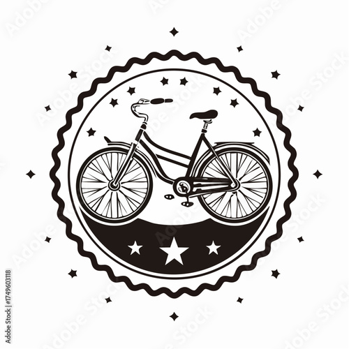 Black and white bicycle illustration within a circular decorative emblem