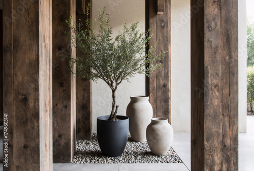 Modern rustic hallway with bonsai-style olive tree, ceramic vases, and natural textures illuminated by soft window light